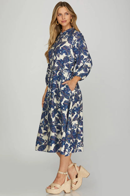 3/4 Sleeve Woven Print Midi Dress with Pockets