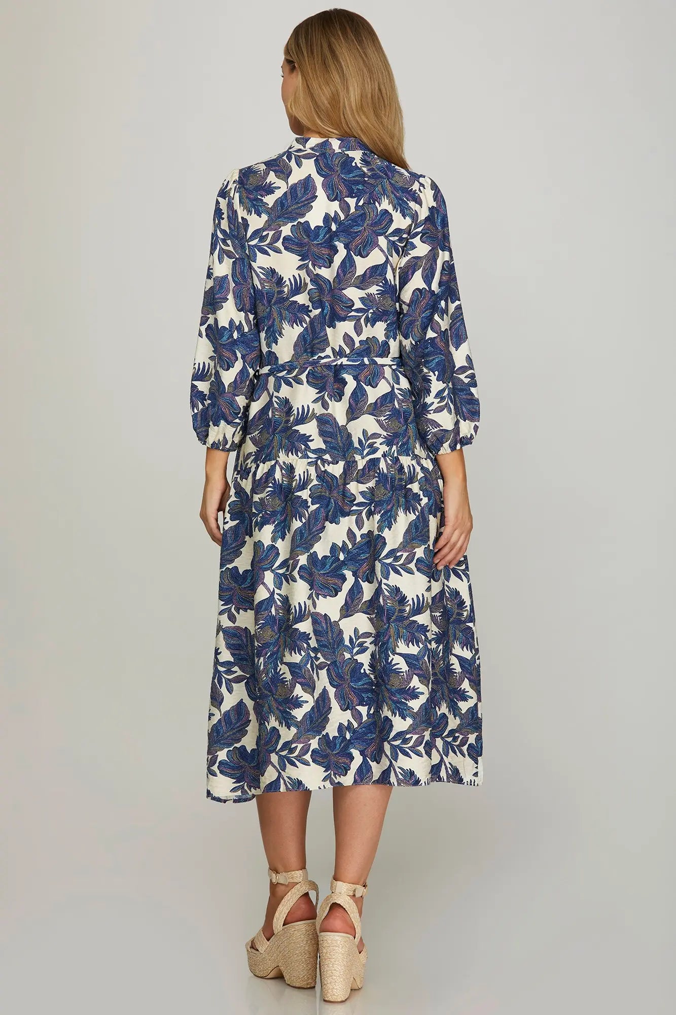 3/4 Sleeve Woven Print Midi Dress with Pockets
