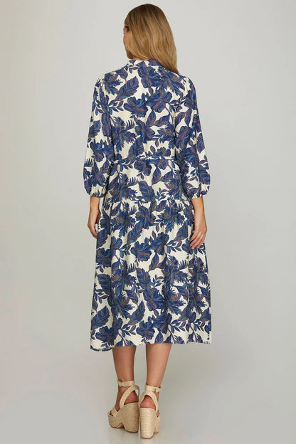3/4 Sleeve Woven Print Midi Dress with Pockets