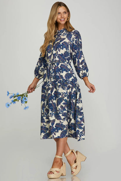 3/4 Sleeve Woven Print Midi Dress with Pockets