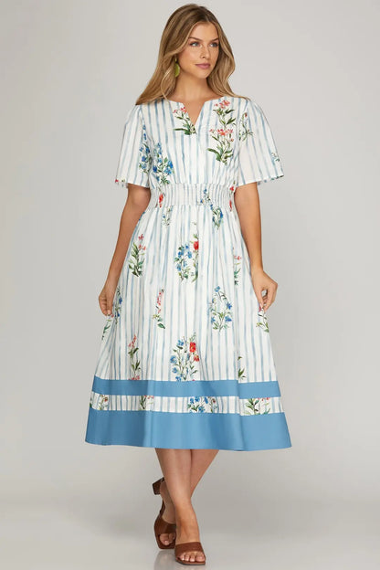 Short Sleeve Floral Striped Woven Midi Dress