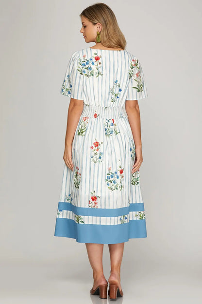Short Sleeve Floral Striped Woven Midi Dress