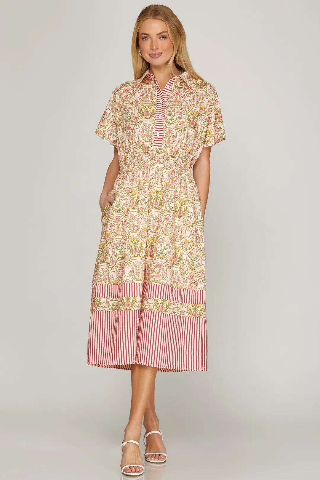 Drop Shoulder Smocked Waist MIdi Dress