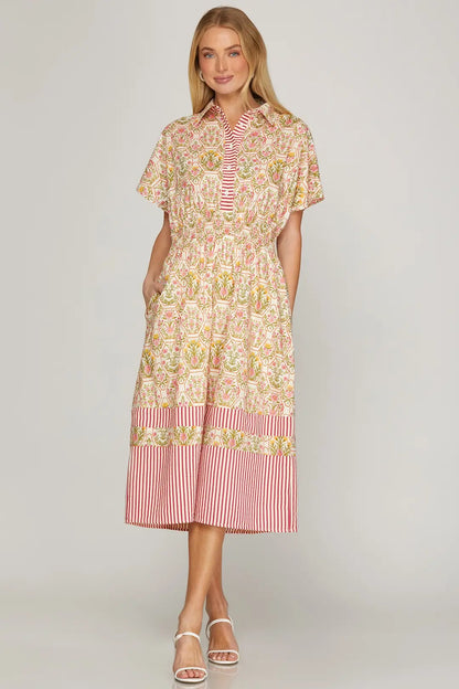 Drop Shoulder Smocked Waist MIdi Dress