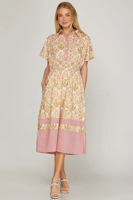 Drop Shoulder Smocked Waist MIdi Dress