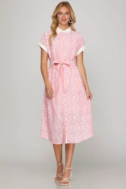 Folded Drop Sleeve Collared Button Down Dress