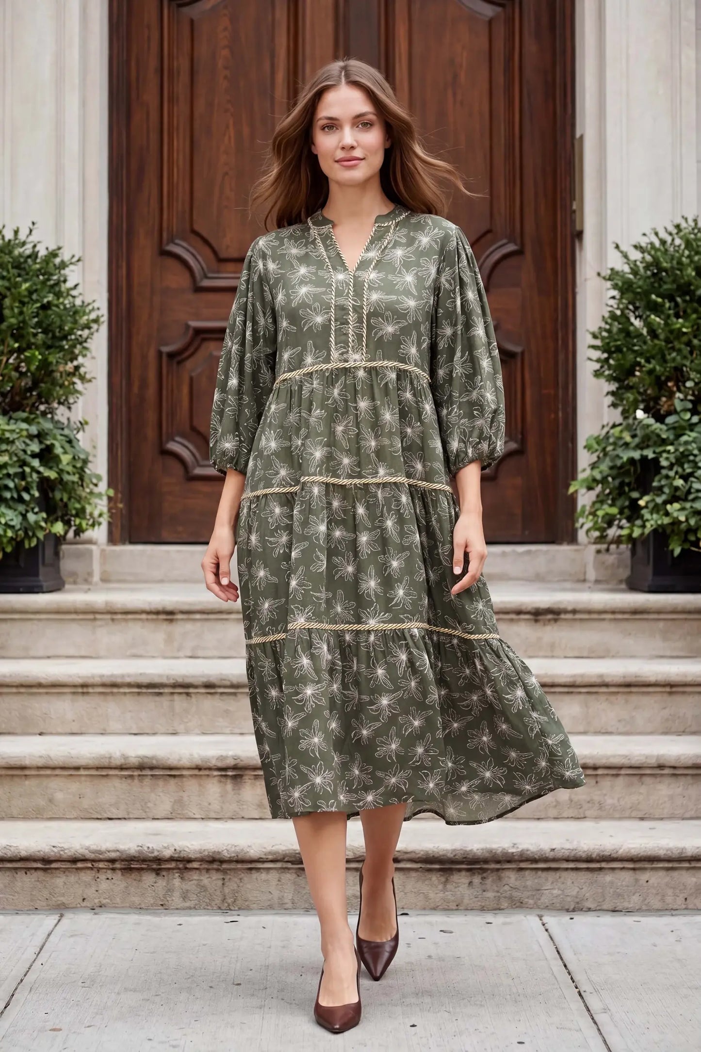 3/4 Sleeve Floral Print Woven Tiered Midi Dress