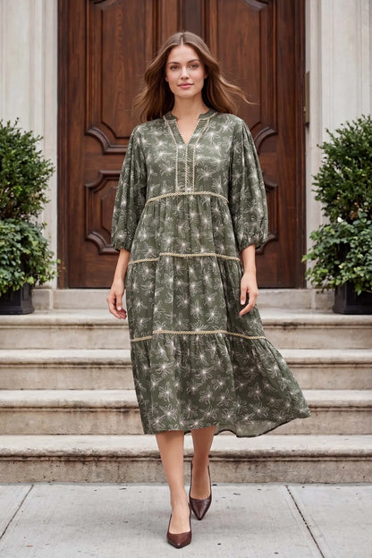3/4 Sleeve Floral Print Woven Tiered Midi Dress