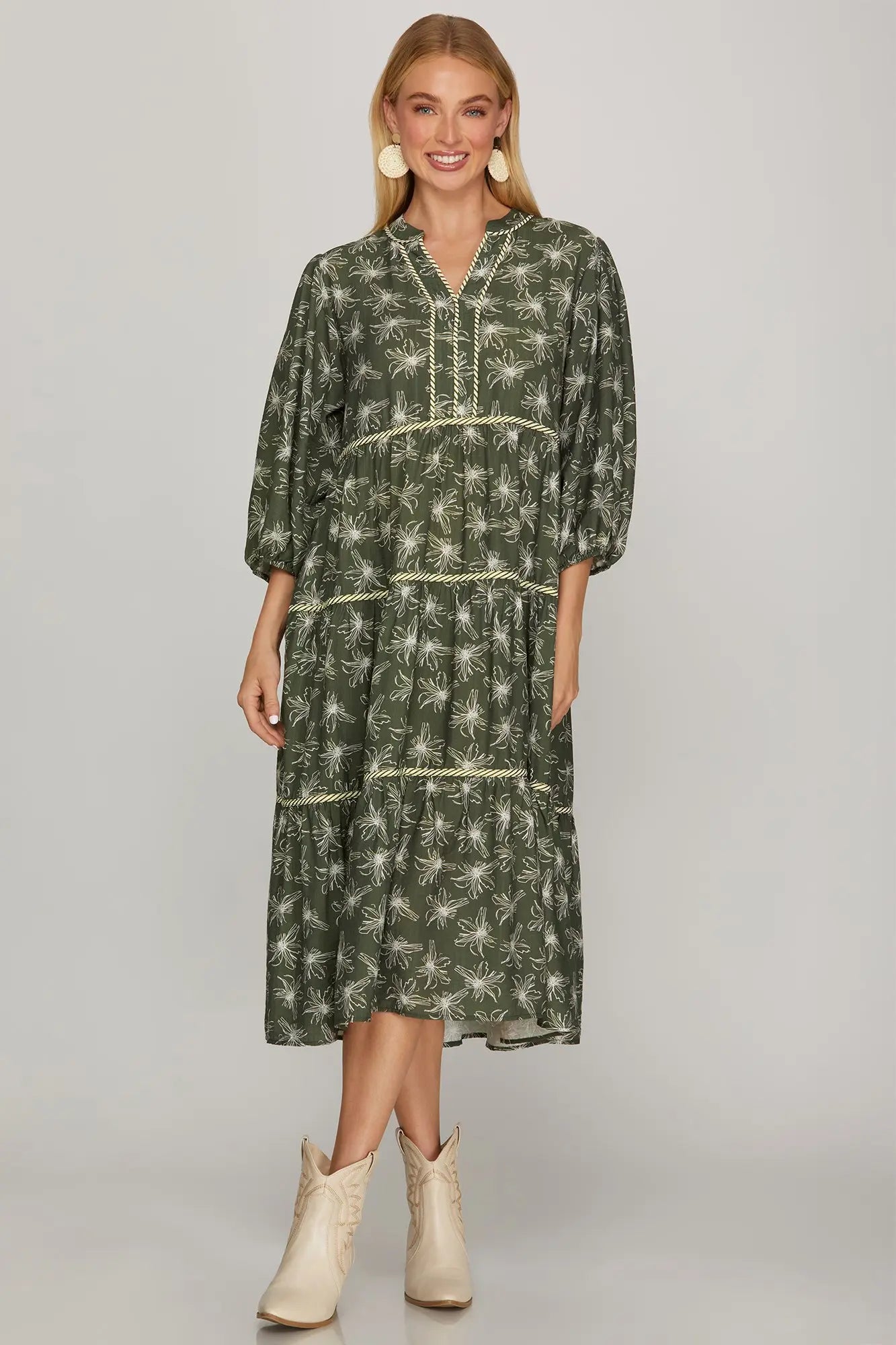 3/4 Sleeve Floral Print Woven Tiered Midi Dress
