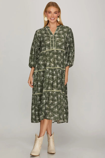3/4 Sleeve Floral Print Woven Tiered Midi Dress
