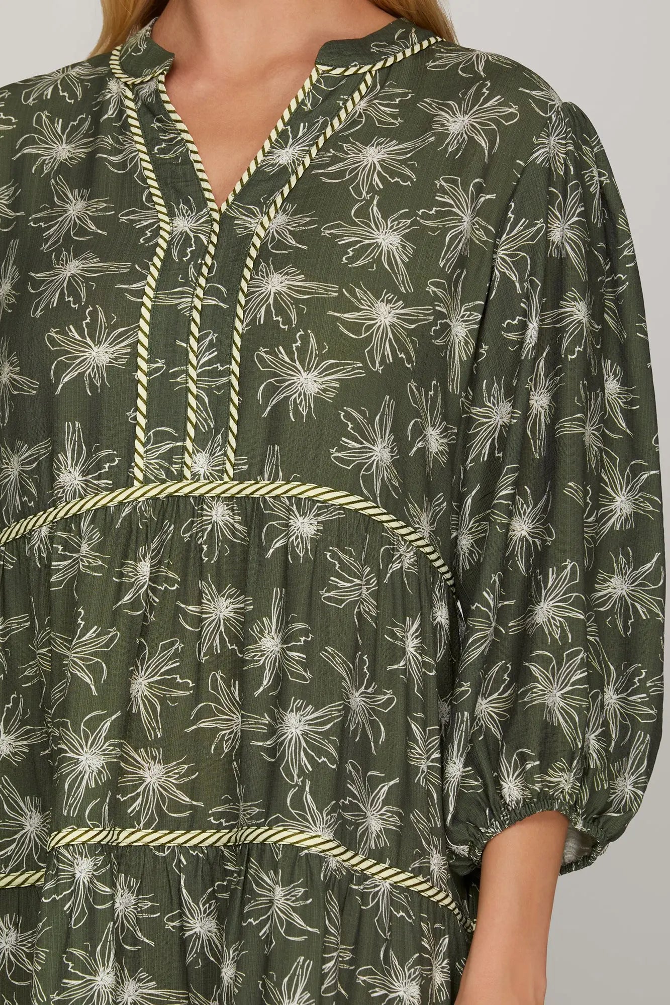 3/4 Sleeve Floral Print Woven Tiered Midi Dress