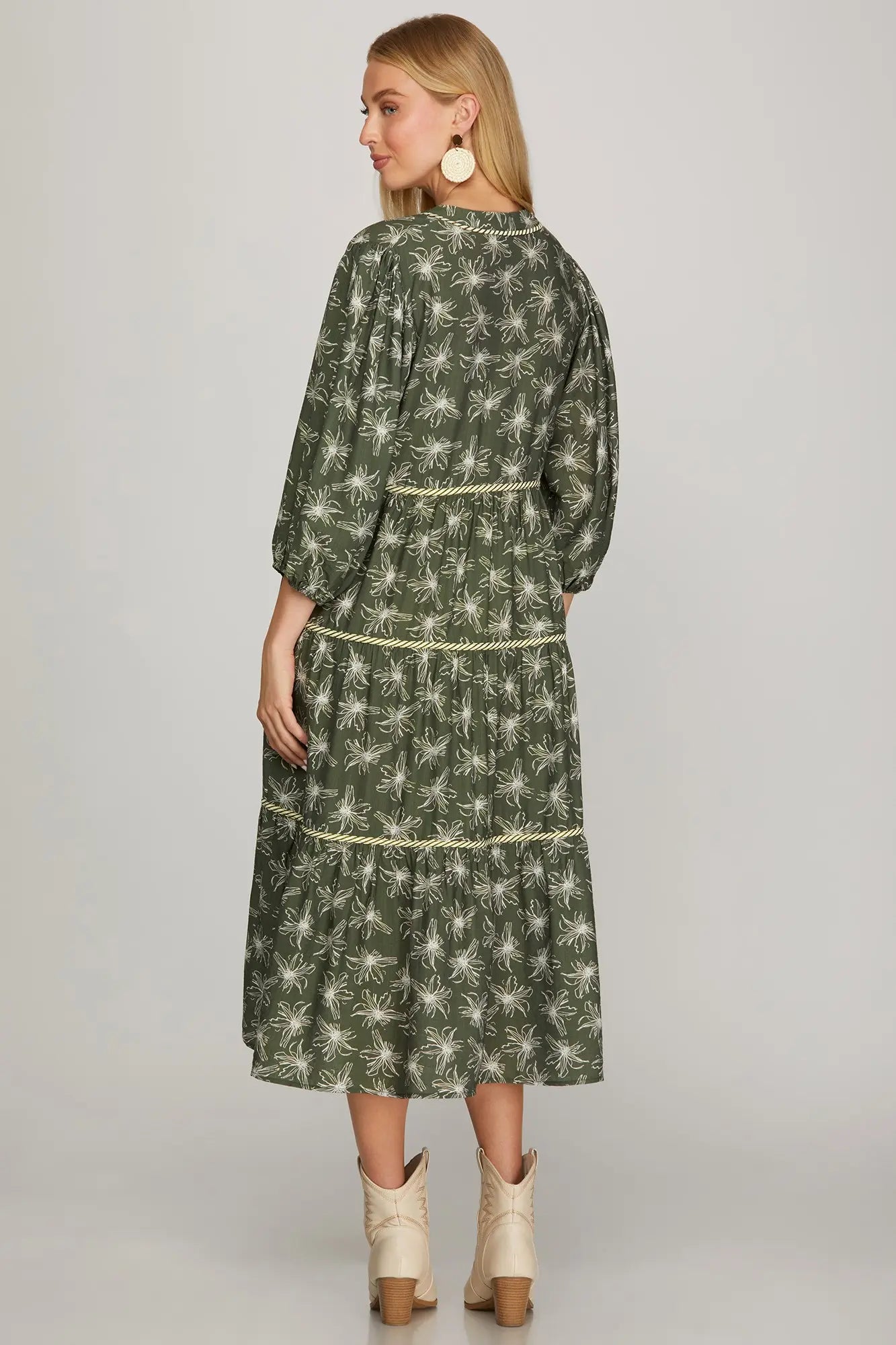 3/4 Sleeve Floral Print Woven Tiered Midi Dress
