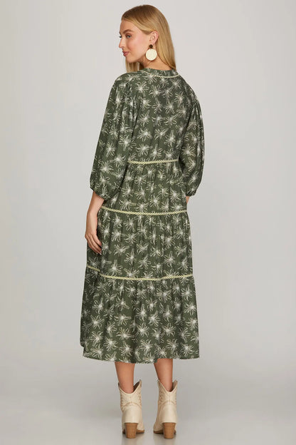 3/4 Sleeve Floral Print Woven Tiered Midi Dress