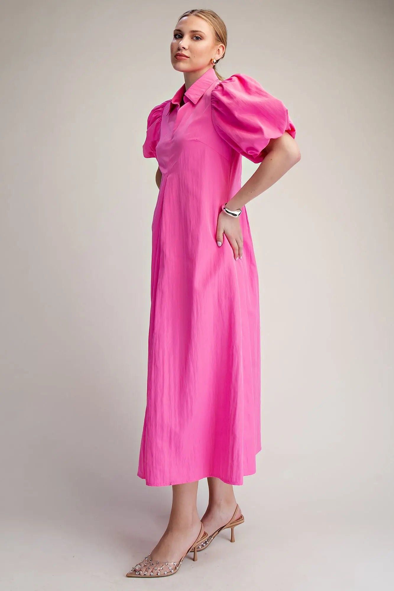 V Neck Puff Sleeve Pleated Midi Dress