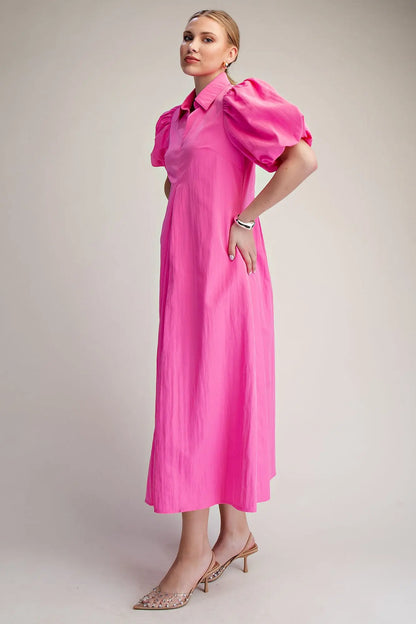 V Neck Puff Sleeve Pleated Midi Dress