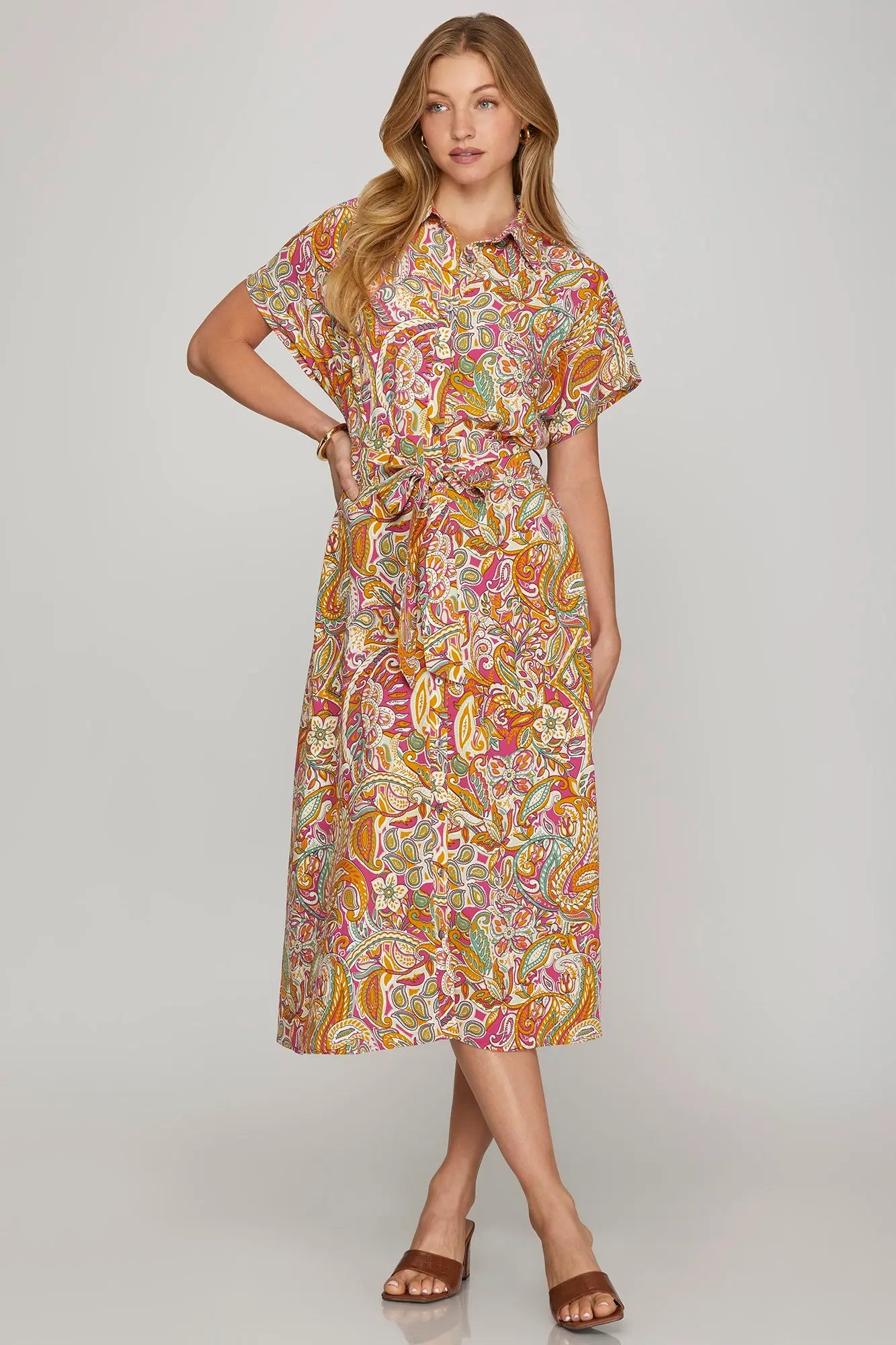 Drop Shoulder Button Down Printed Midi Dress with Pockets