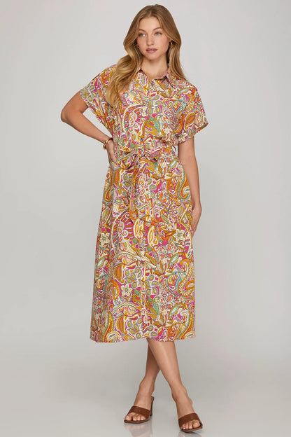 Drop Shoulder Button Down Printed Midi Dress with Pockets