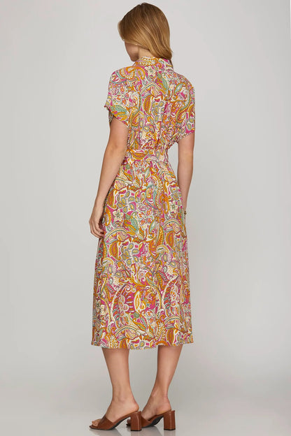 Drop Shoulder Button Down Printed Midi Dress with Pockets