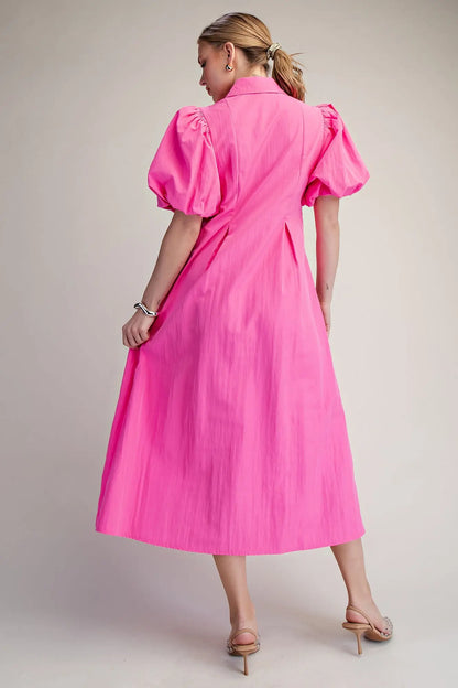 V Neck Puff Sleeve Pleated Midi Dress