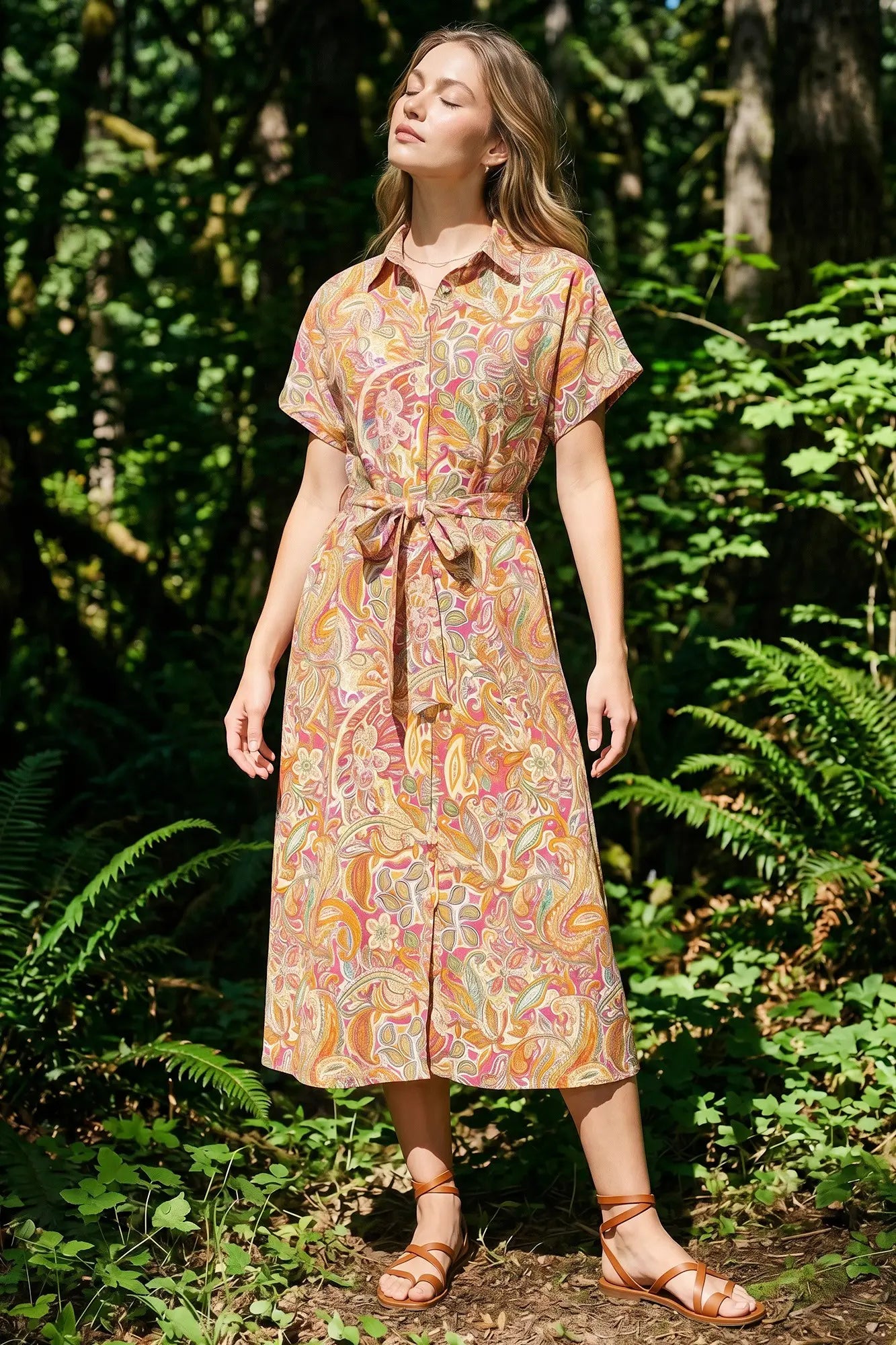Drop Shoulder Button Down Printed Midi Dress with Pockets