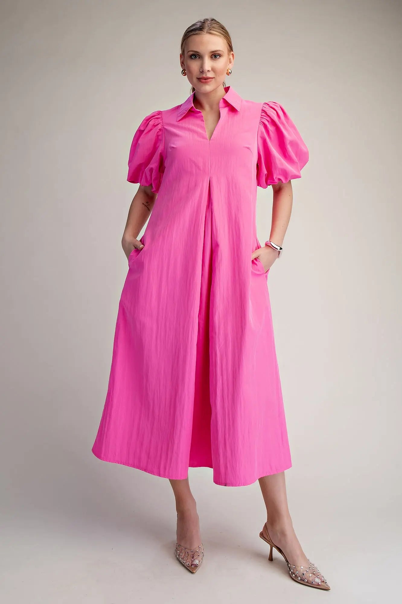 V Neck Puff Sleeve Pleated Midi Dress
