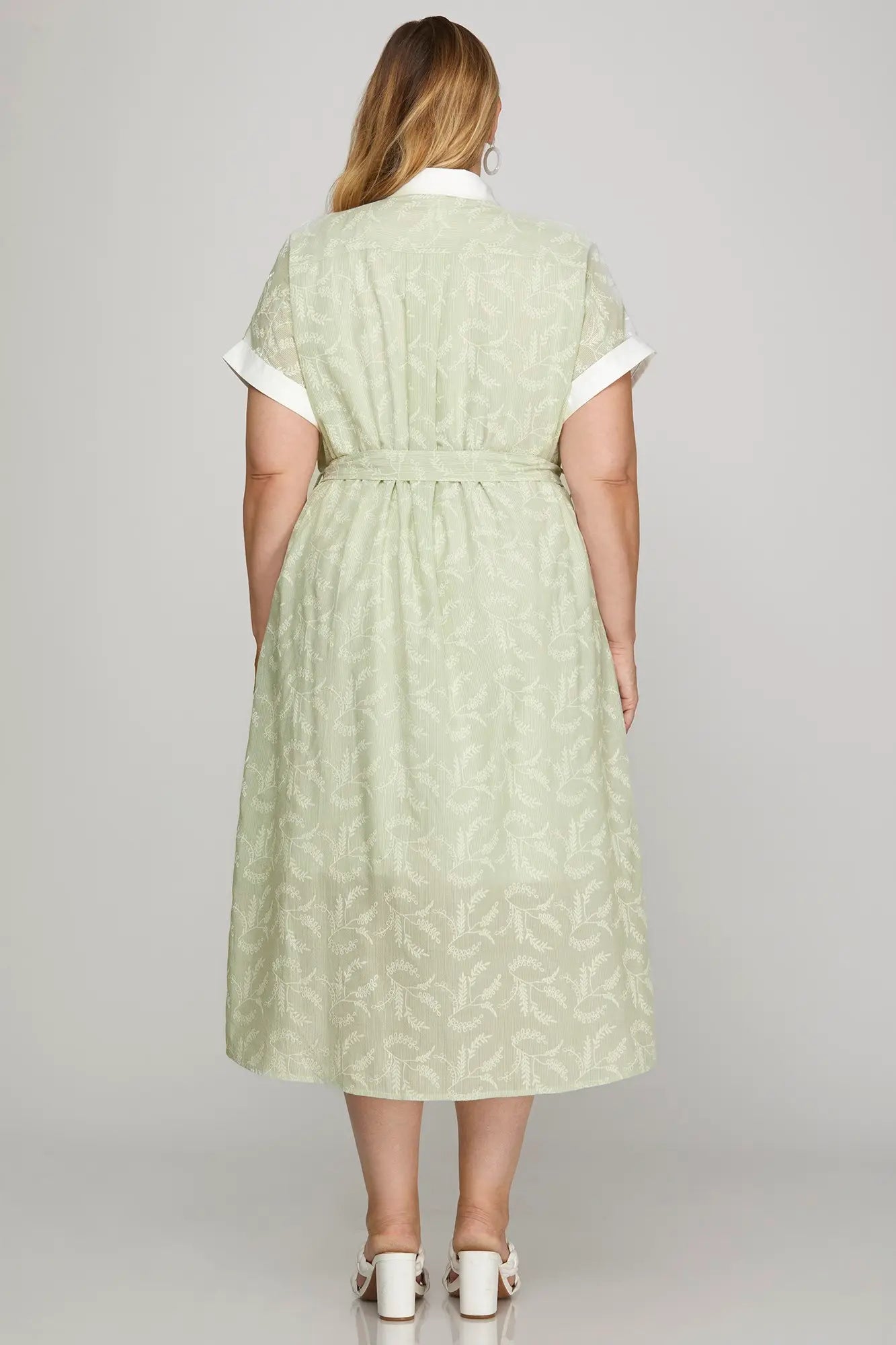 Folded Drop Sleeve Woven Collared Button Down Dress