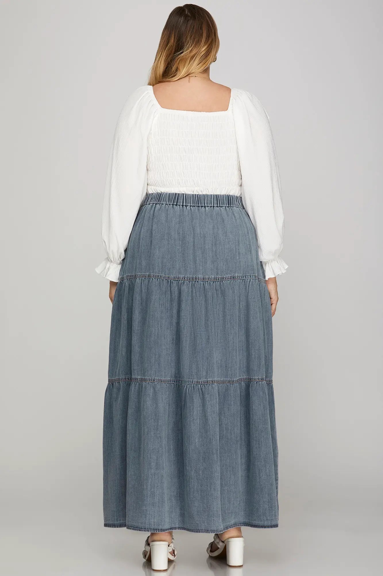 Washed Denim Tiered Skirt with Elastic Waistband