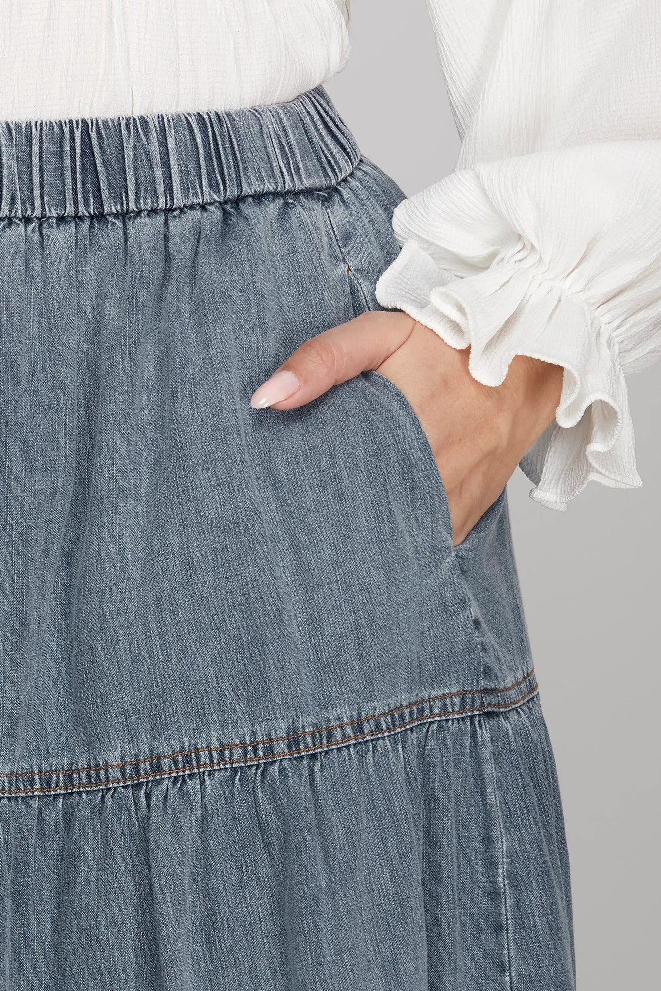 Washed Denim Tiered Skirt with Elastic Waistband