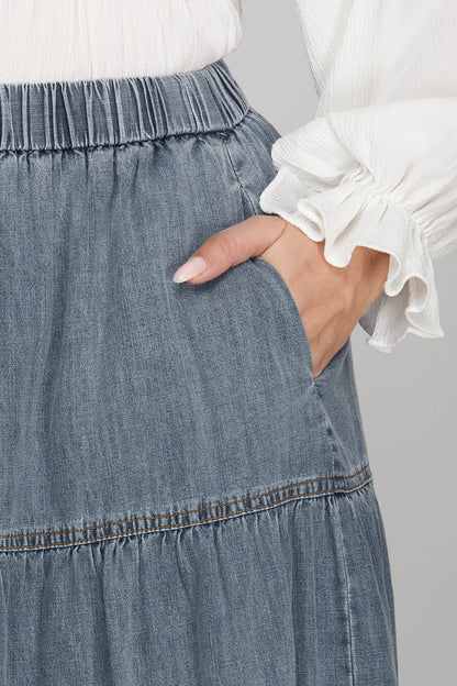 Washed Denim Tiered Skirt with Elastic Waistband