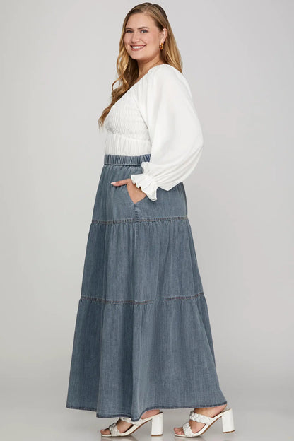 Washed Denim Tiered Skirt with Elastic Waistband