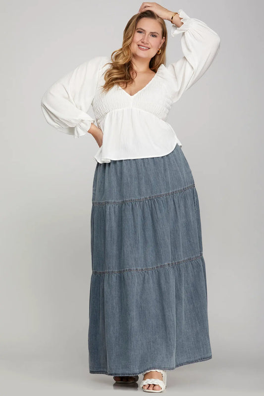 Washed Denim Tiered Skirt with Elastic Waistband