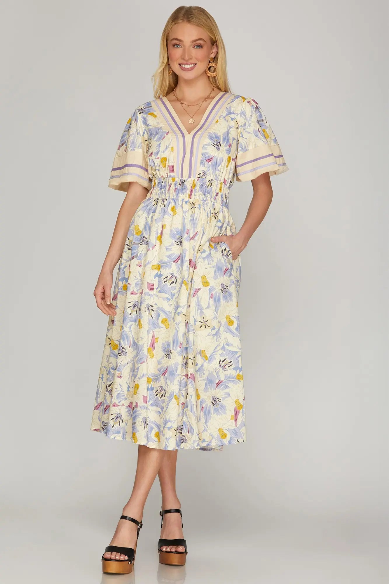 Puff Sleeve Floral Midi