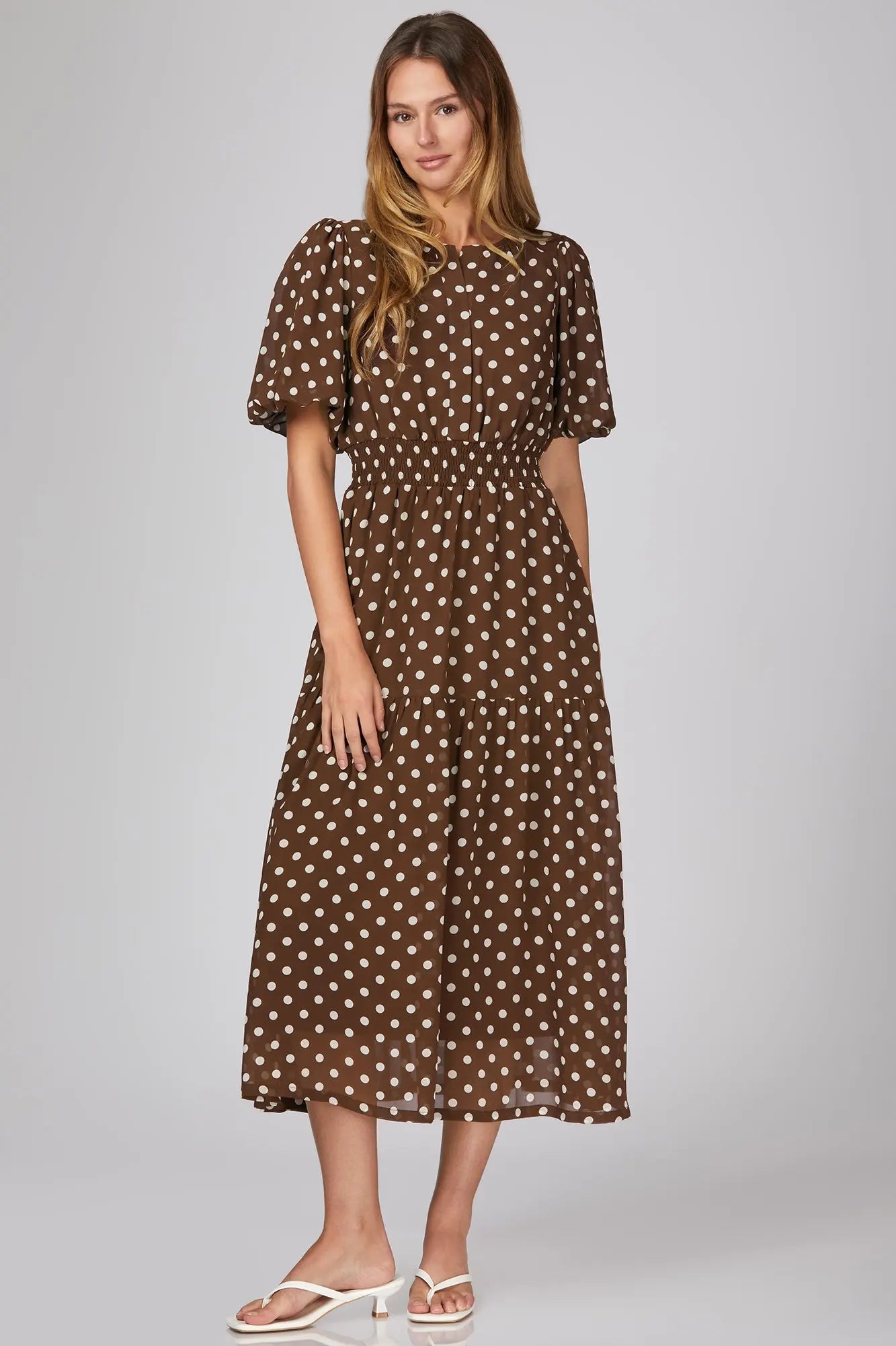 Short Puff Sleeve Woven Polkadot Print Tiered Midi Dress