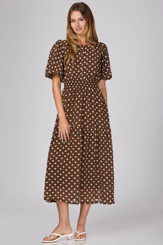 Short Puff Sleeve Woven Polkadot Print Tiered Midi Dress