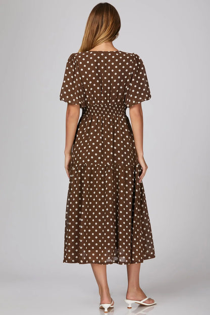 Short Puff Sleeve Woven Polkadot Print Tiered Midi Dress