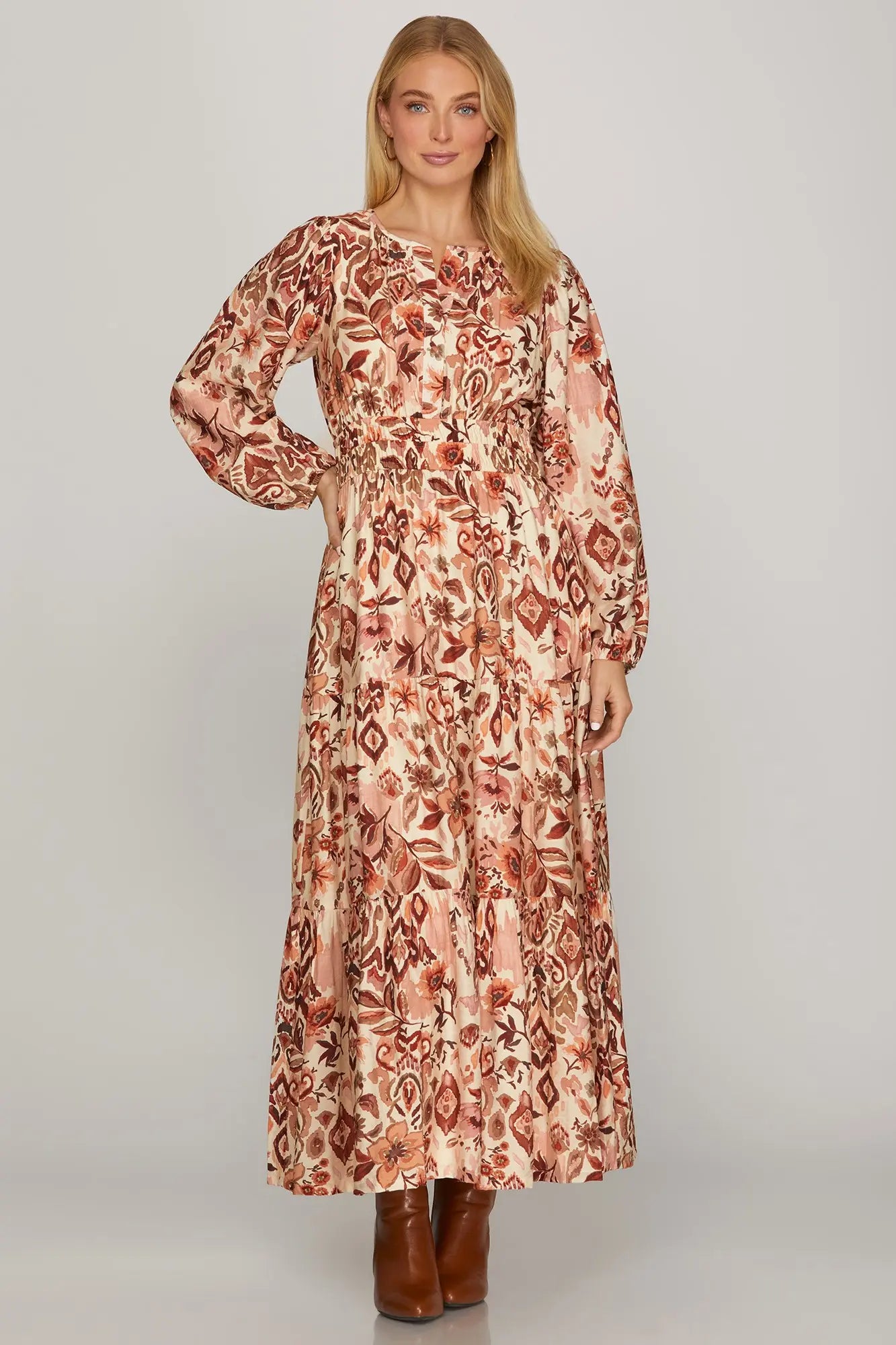 Long Sleeve Woven Print Tiered Maxi Dress with Full Lining and Pockets