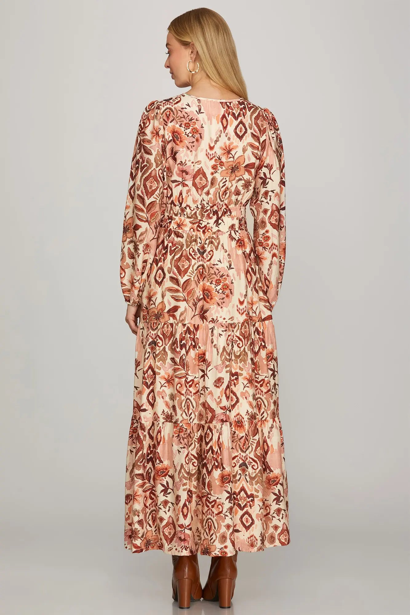 Long Sleeve Woven Print Tiered Maxi Dress with Full Lining and Pockets