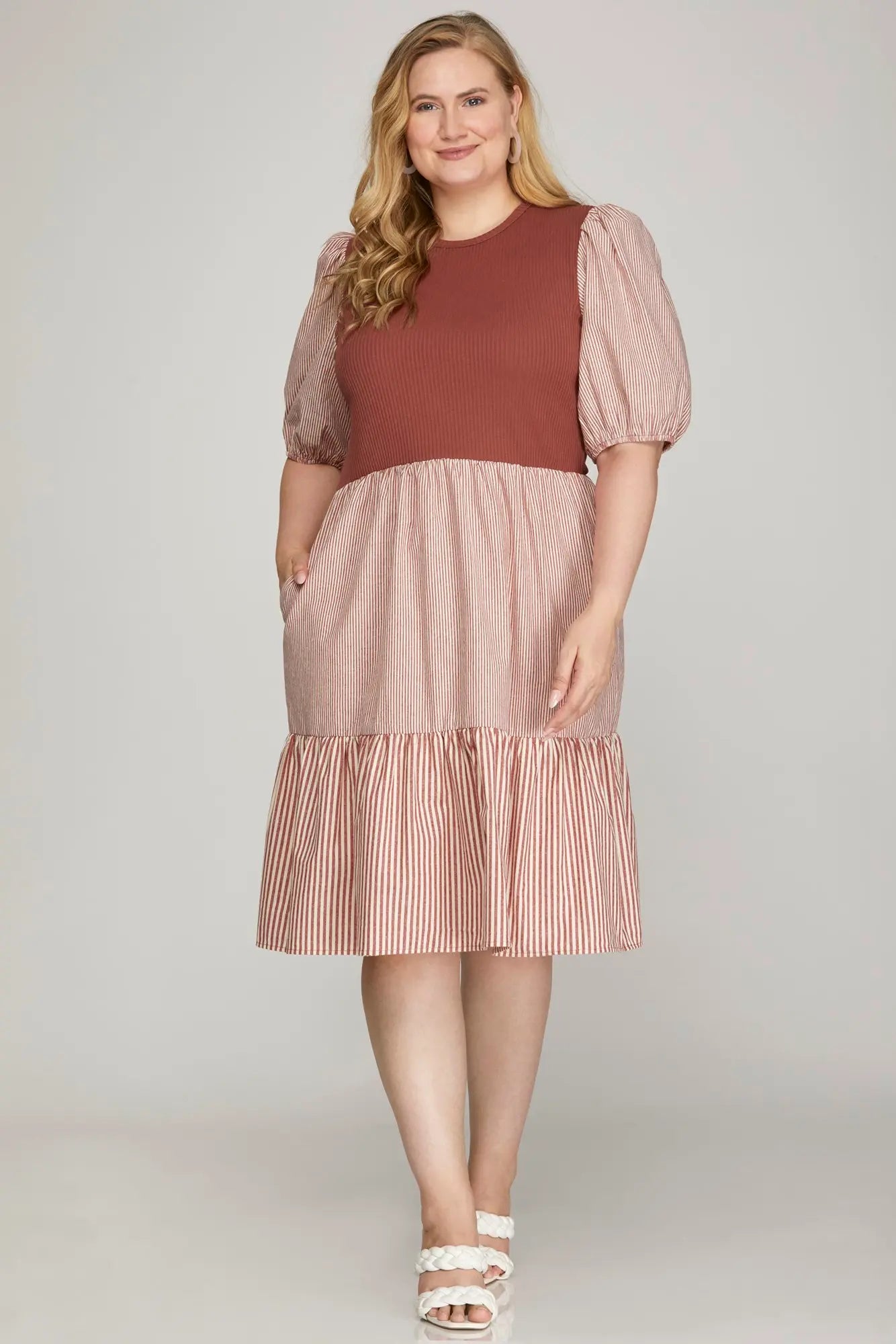 Short Sleeve Ribbed Stripped Combo Dress