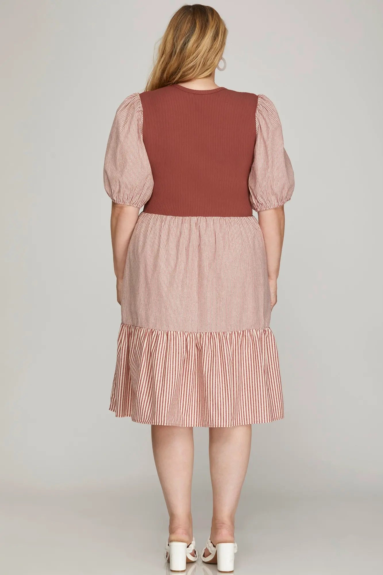 Short Sleeve Ribbed Stripped Combo Dress