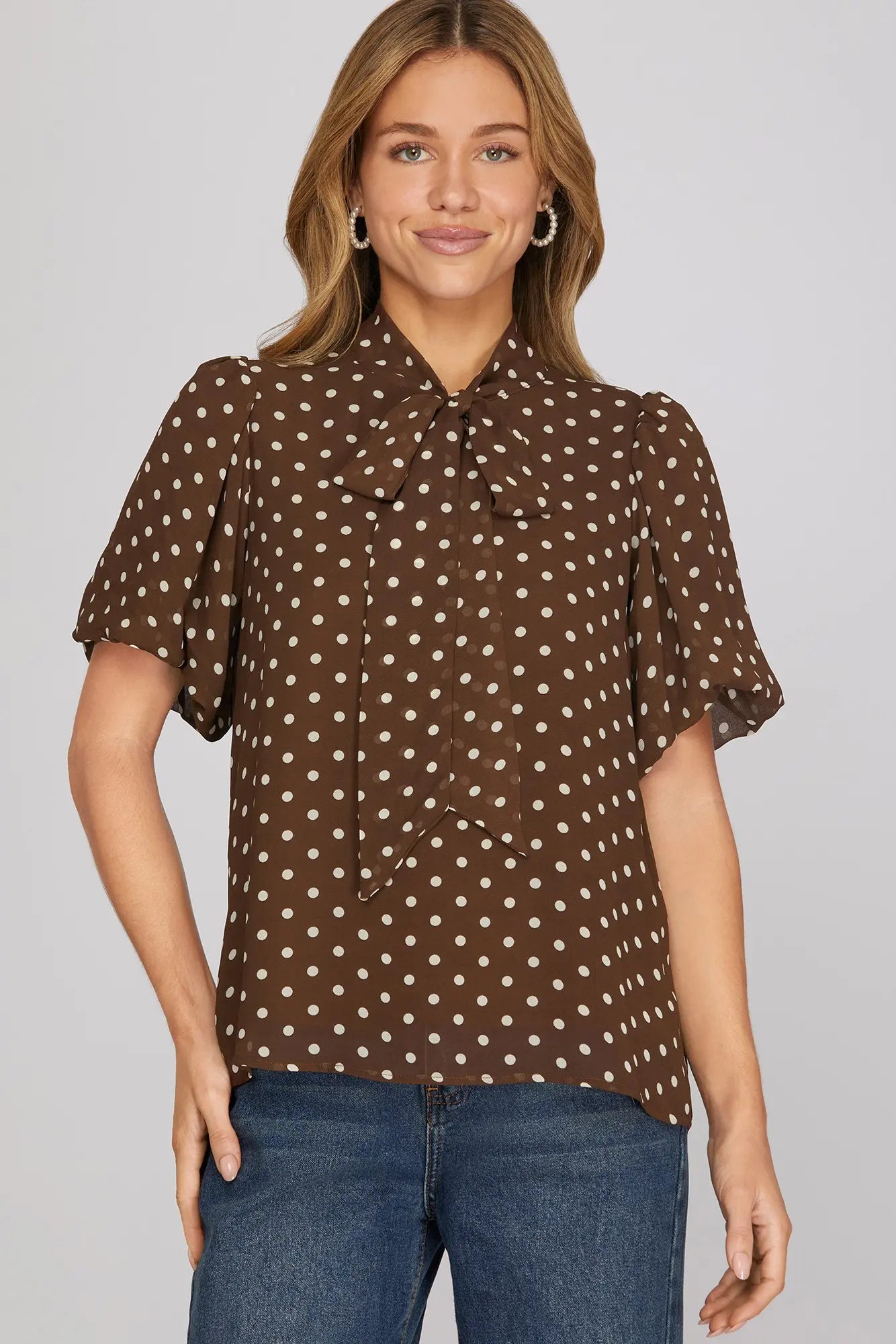 Short Puff Sleeve Polka Dot Print Top with Bow