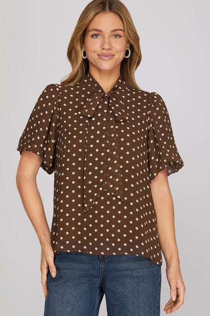 Short Puff Sleeve Polka Dot Print Top with Bow