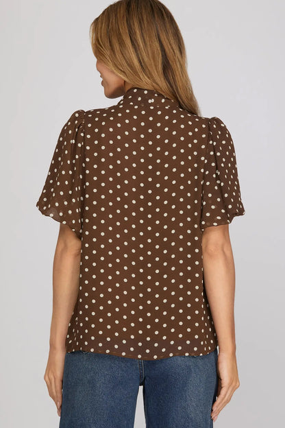 Short Puff Sleeve Polka Dot Print Top with Bow
