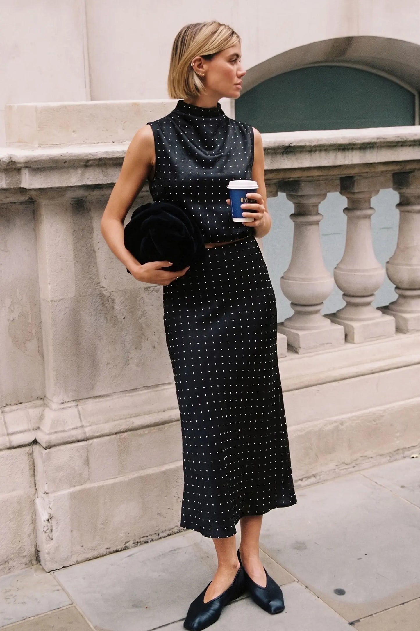 Black/White Polka Dot Elastic Waist Band Satin Midi Skirt