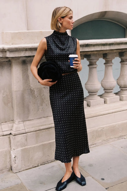 Black/White Polka Dot Elastic Waist Band Satin Midi Skirt