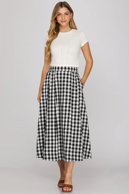 Woven Gingham Checked Midi Skirt with Pockets