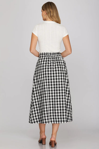 Woven Gingham Checked Midi Skirt with Pockets