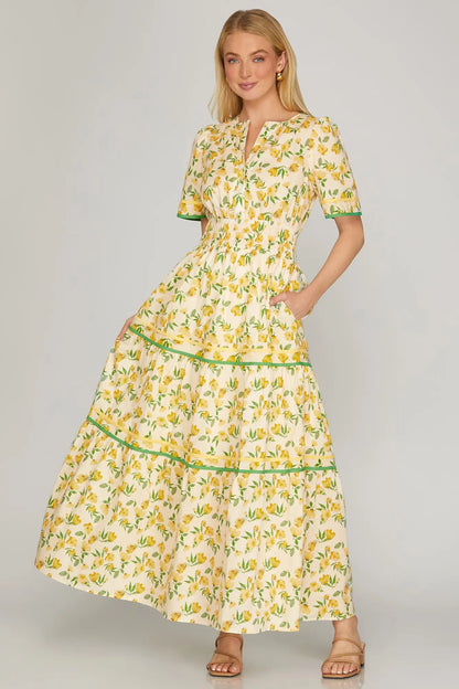 Short Sleeve Yellow Tiered Maxi Dress