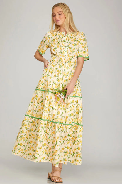 Short Sleeve Yellow Tiered Maxi Dress