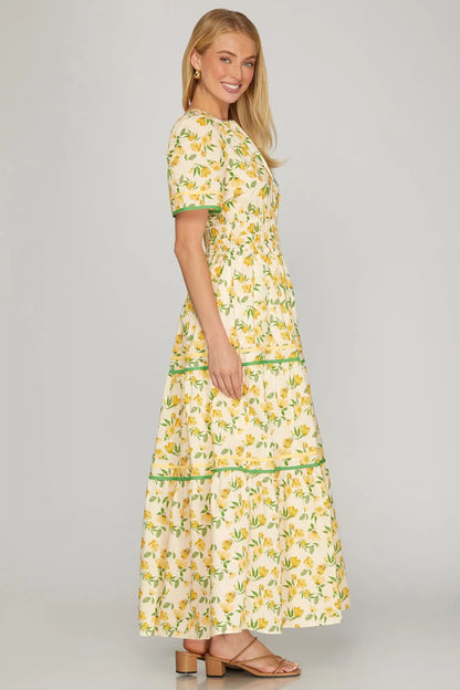 Short Sleeve Yellow Tiered Maxi Dress