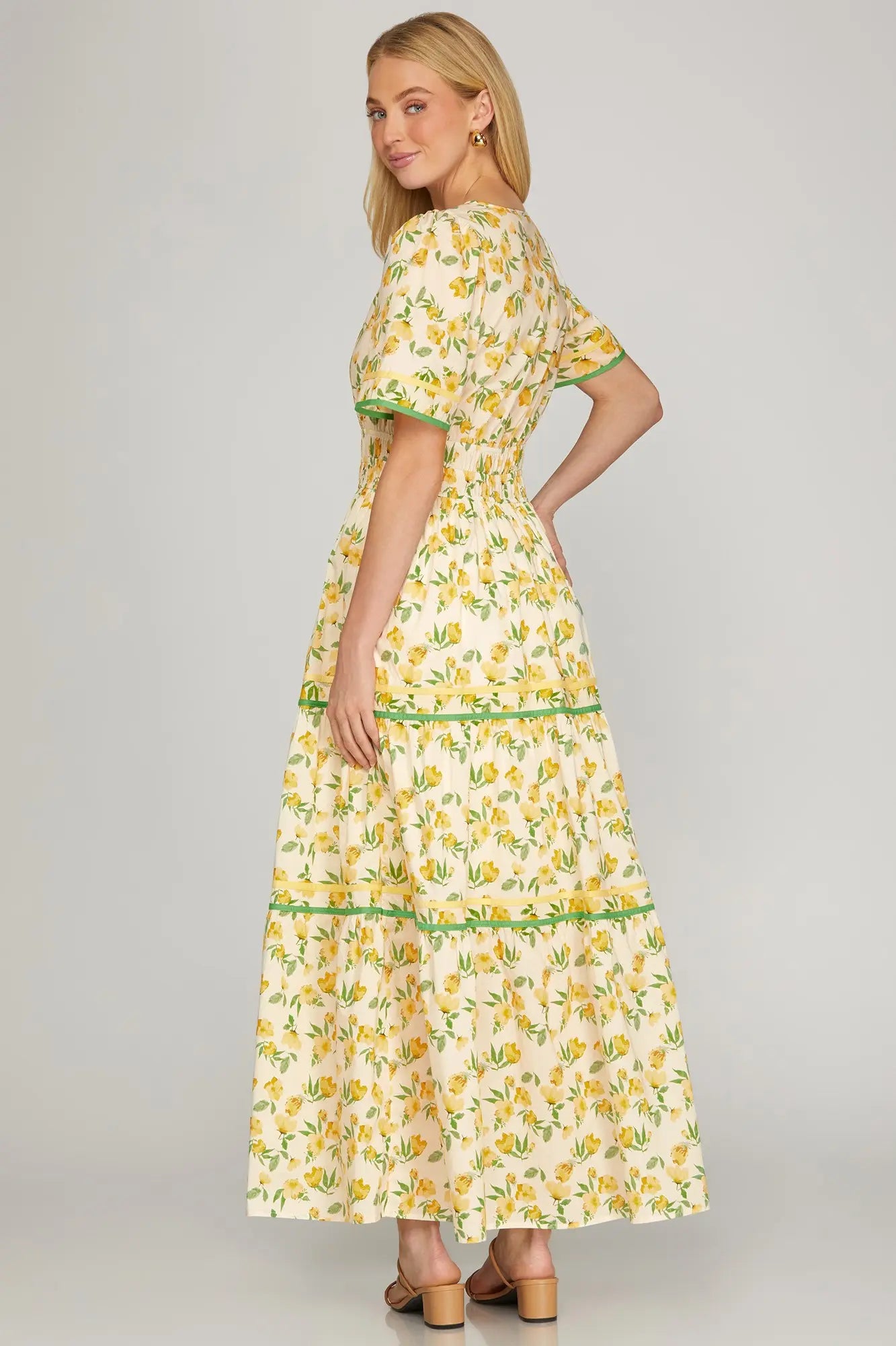 Short Sleeve Yellow Tiered Maxi Dress